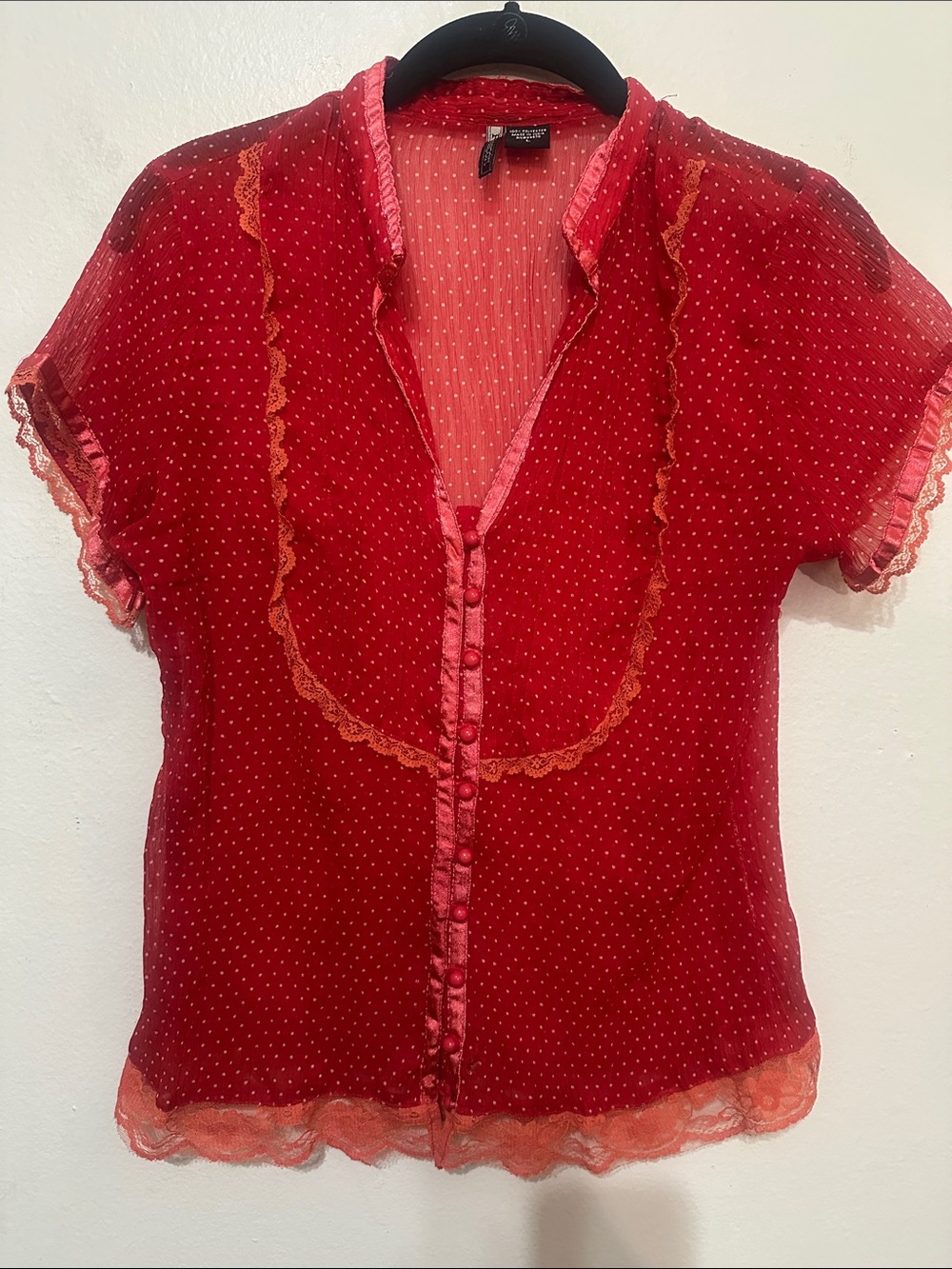 Passport Red Sheer Polka-Dot Button Blouse Pinup Whimsigoth Rockabilly Blouse